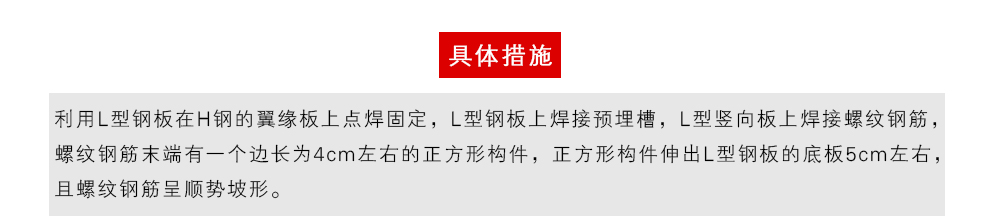具體措施為：利用L型鋼板在H鋼的翼緣板上點焊固定，L型鋼板上焊接預埋槽，L型豎向板上焊接螺紋鋼筋，螺紋鋼筋末端有一個邊長為4cm左右的正方形構件，正方形構件伸出L型鋼板的底板5cm左右，且螺紋鋼筋呈順勢坡形。